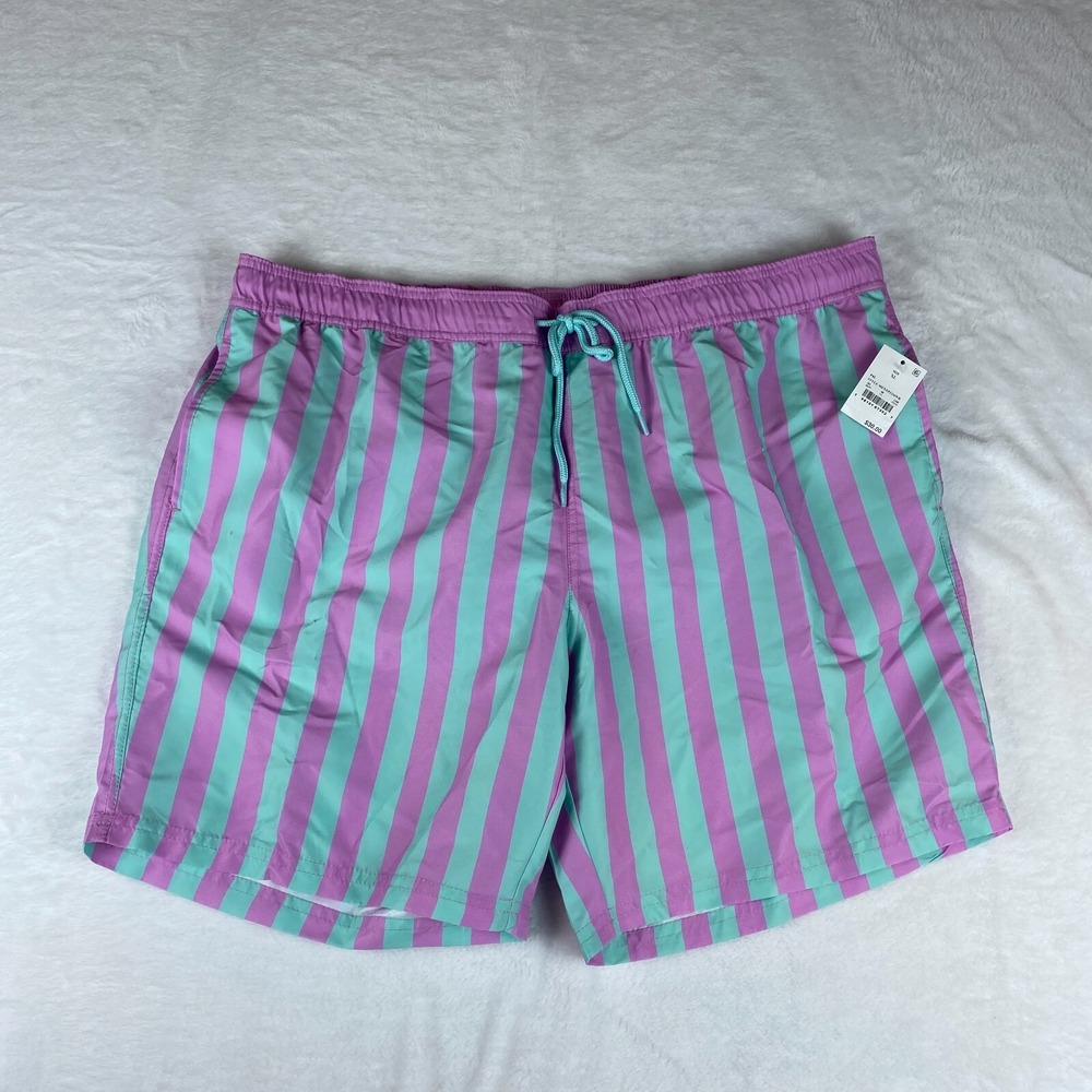 Mad Engine Swim Shorts Men XL Green Pink Stripe Mesh Lined Comfort Elastic Waist